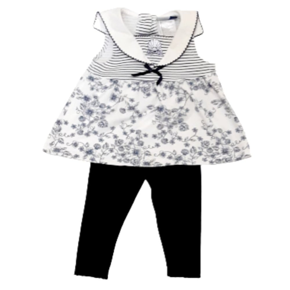 Girls Black & White Floral Sailor Outfit Size 12M. Two Piece Top & Pants
